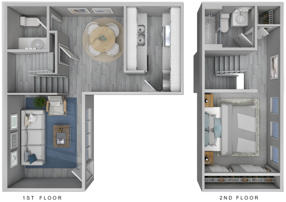 two bedroom floor plans with two bathrooms and a living room at The Stratton Apartment Homes